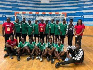 Kenya under 19 players pose during their match against Mali in the just ended World Championship qualifier in Monastir,Tunisia. Photo courtesy Confederation of African Handball Federation.