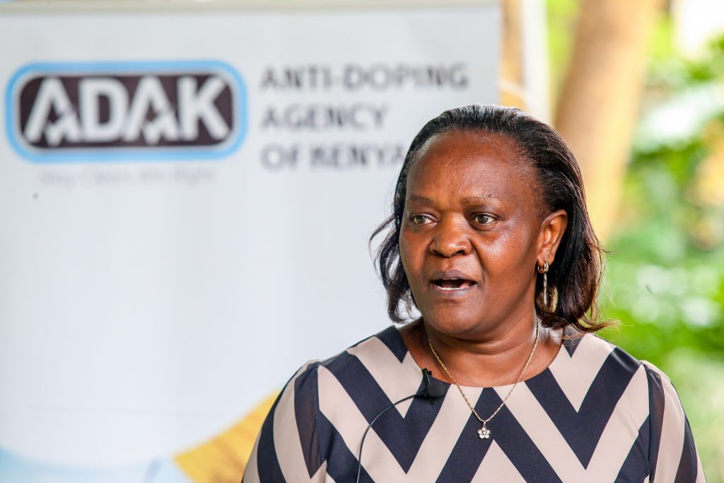 ADAK's Director Compliance and Testing, Peninah Wahome addressing Kenya Enhanced Anti-Doping Project Joint Working Group in Naivasha on Thursday (16th May).